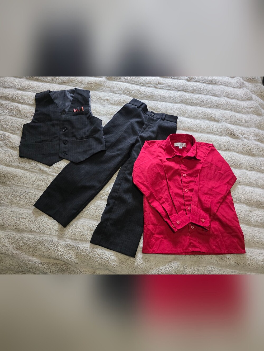 Kids Three-Piece Black Pinstripe Vest Set with Red Shirt